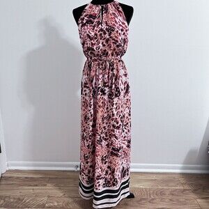 H&M Red Pink Maxi Halter Dress Printed Size 4 Elegant Cocktail Elastic Waist